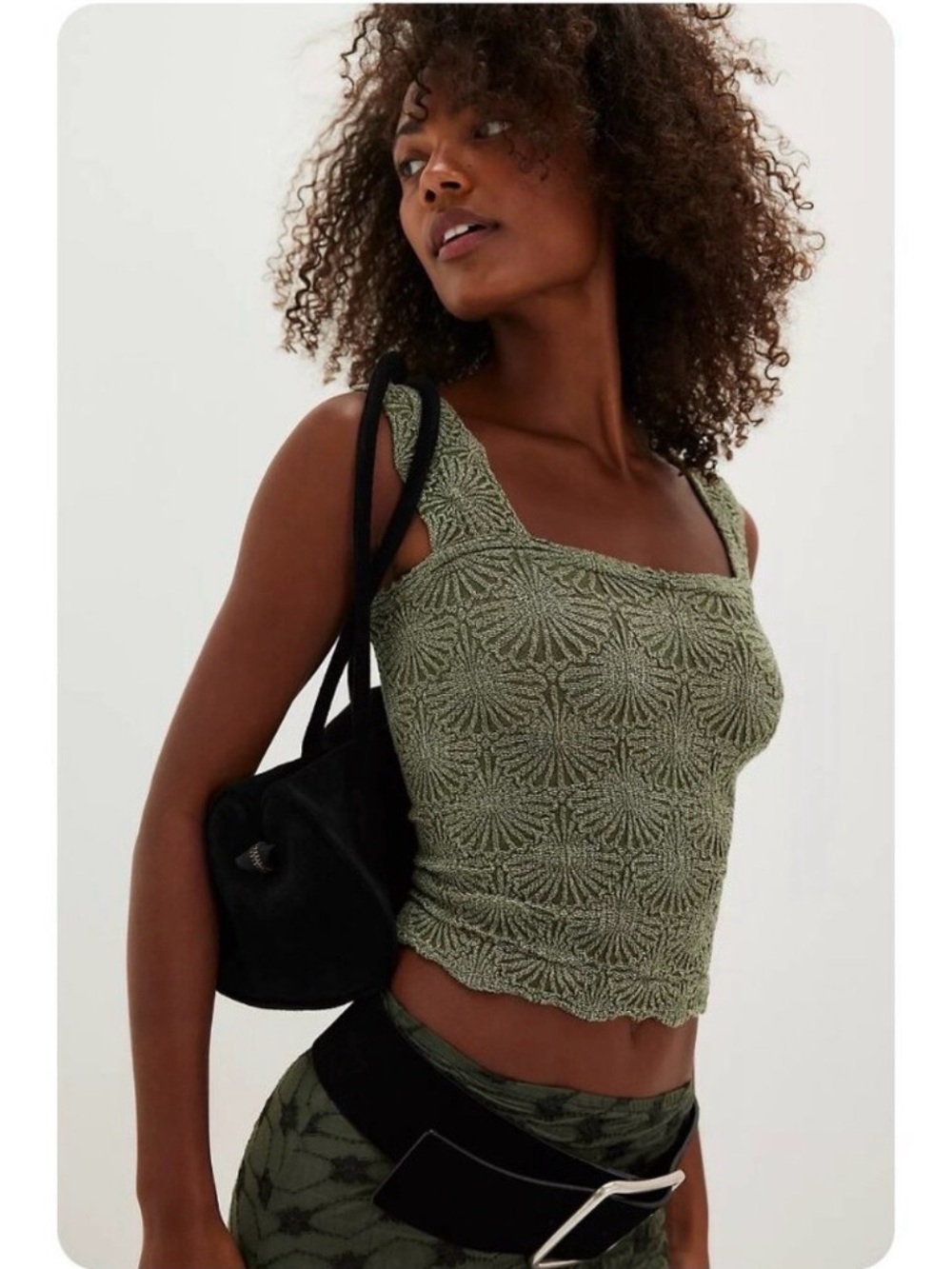 Free People Intimately Love Letter Top Knit Square Neck Green M/L Lace Fitted